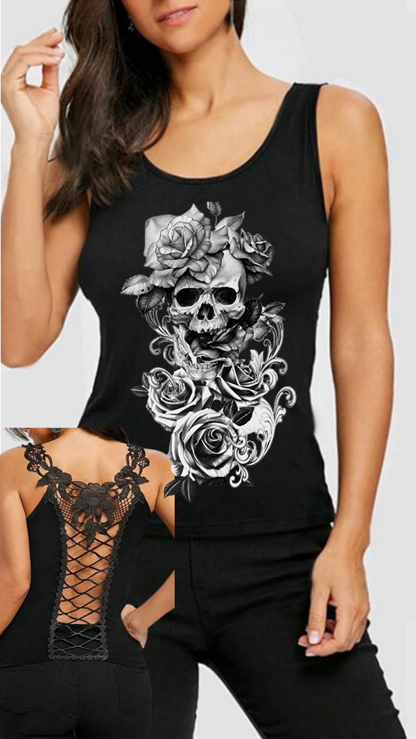 Gothic Rose Totenkopf Print Spitze Hohl Sexy Weste