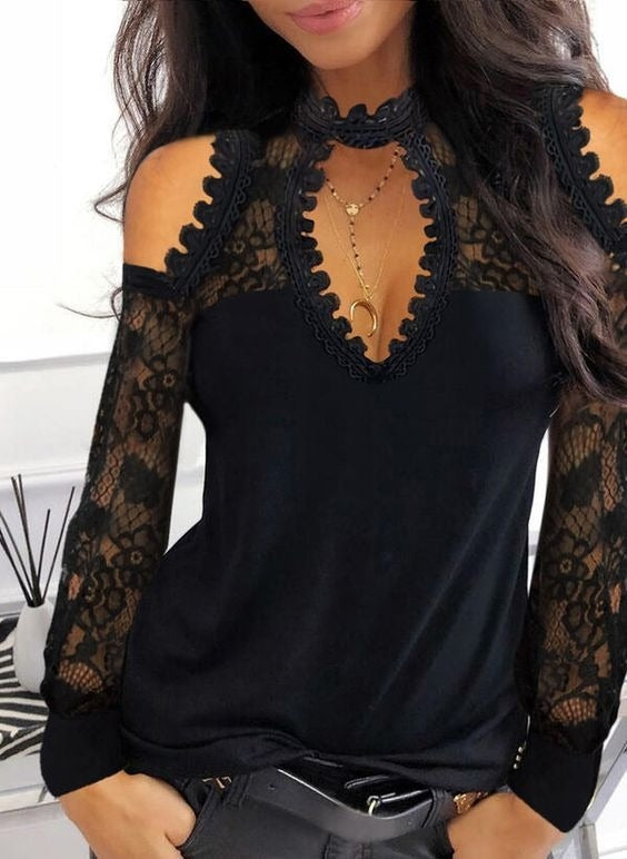 Sexy Lace V-neck off-Shoulder Long Sleeve T-shirt