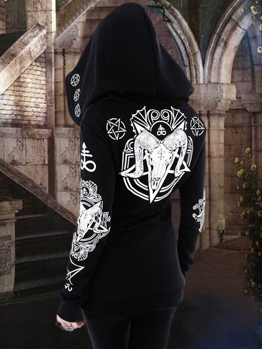 Punk Black Zipper Up Printed Hoodie