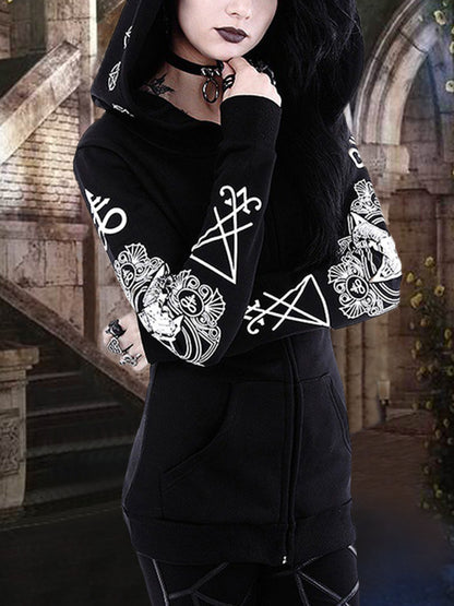 Punk Black Zipper Up Printed Hoodie