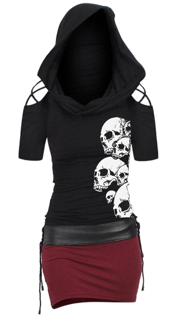 Gothic Skull Print Cutout Color Block Hooded Dress