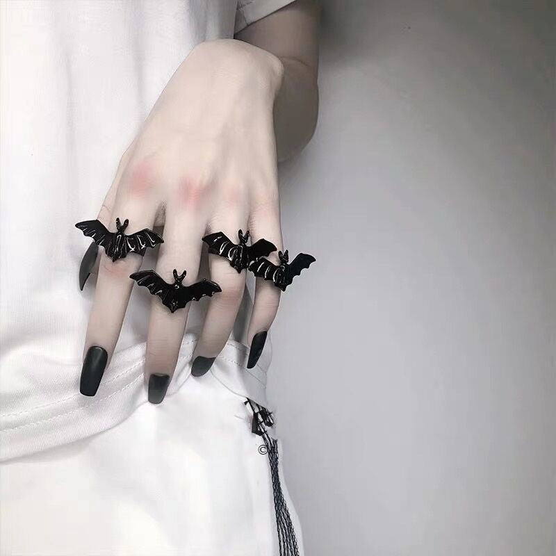 Gothic Black Bat Open Ring