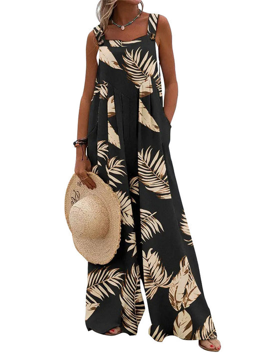 Palm Leaf Printed Sleeveless Loose Casual Jumpsuit