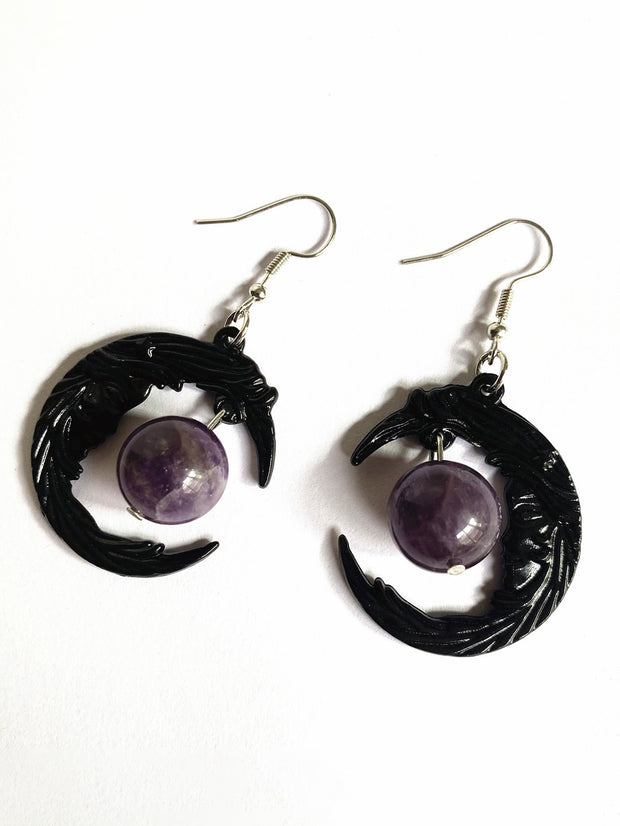 Black Crescent Purple Jewel Earrings