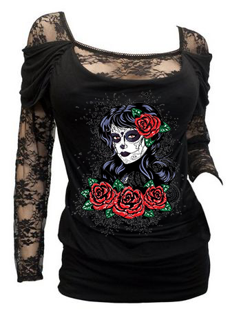 Red Rose Skull Girl Sexy Floral Lace Long Sleeve Top