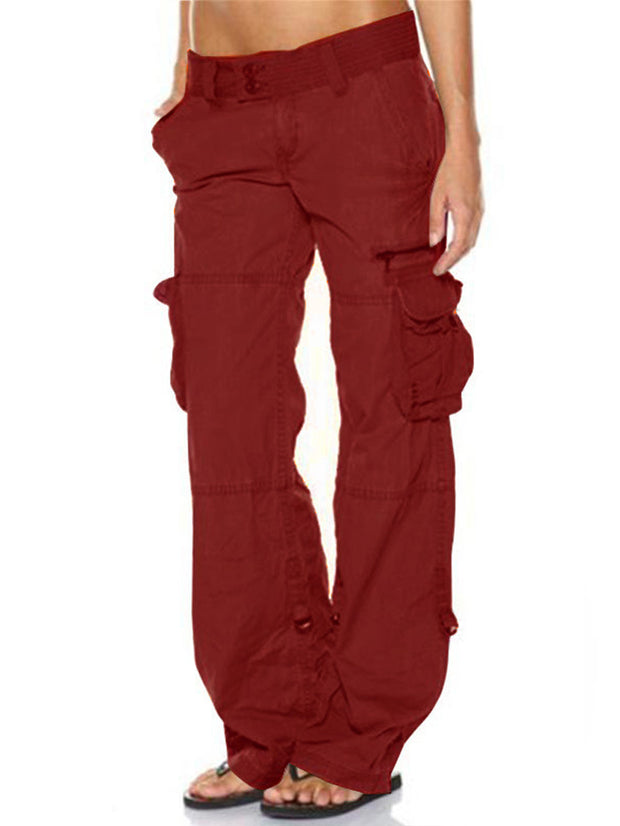 Pantalon décontracté multi-poches de couleur unie 