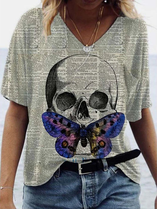 Haut t-shirt col V manches courtes tête de mort papillon 