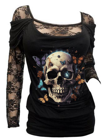 Butterfly Skull Sexy Floral Lace Long Sleeve Top