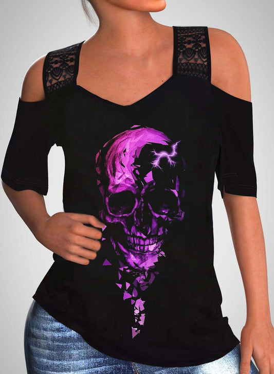 Purple Diamond Geometric Skull Print off-the-Shoulder Lace Ribbon Short Sleeve Top