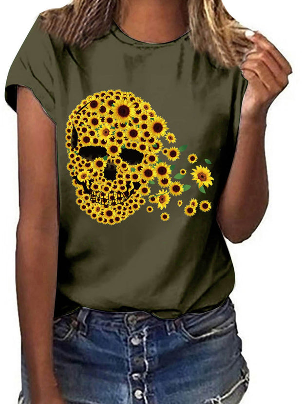 Short Sleeve Sunflower Skull Printed T-shirt