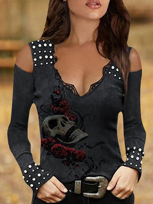 Punk Skull Printed Lace Hem T-Shirt