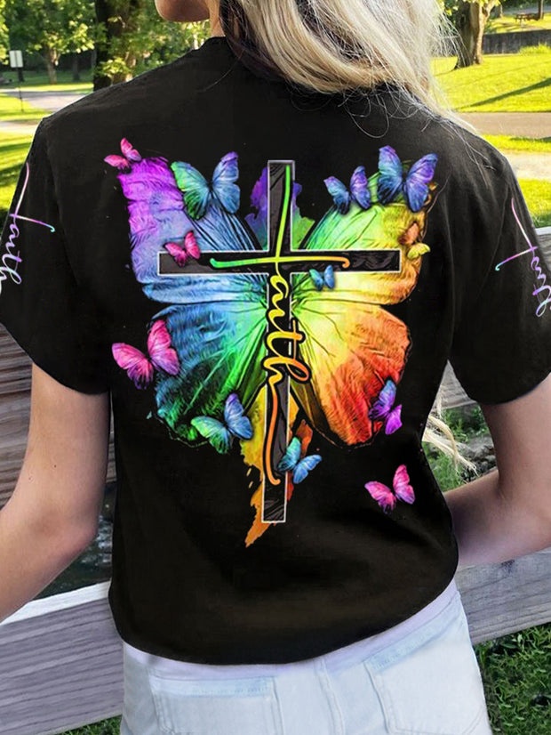 Butterfly Cross Printed Short Sleeve T-Shirt