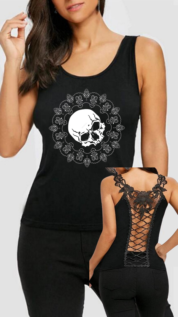 Gothic Skull Print Lace Hollow Sexy Vest
