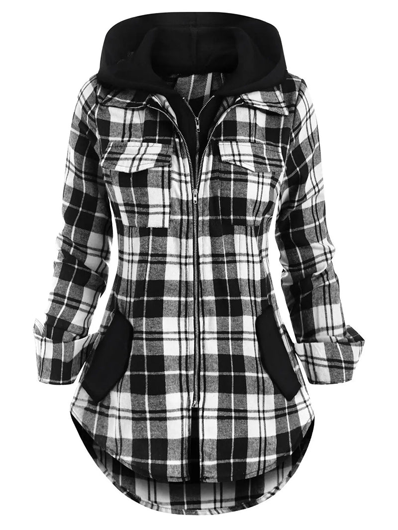 Plaid pocket hooded long-sleeved jacket