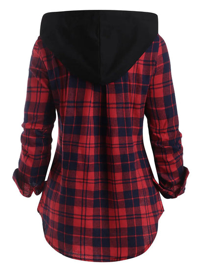 Plaid pocket hooded long-sleeved jacket