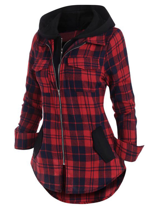 Plaid pocket hooded long-sleeved jacket