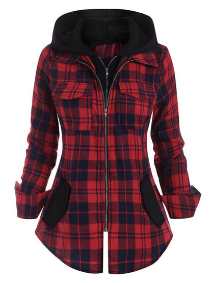 Plaid pocket hooded long-sleeved jacket