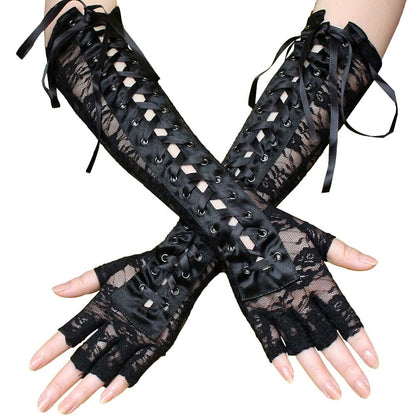 Lace Up Fingerless Long Gloves