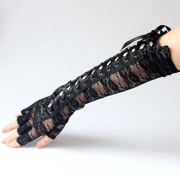 Lace Up Fingerless Long Gloves
