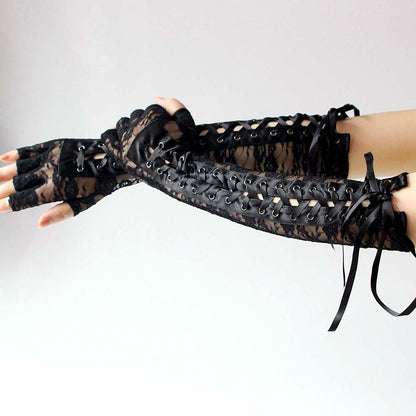 Lace Up Fingerless Long Gloves