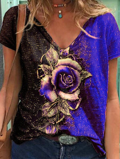 Rose Printed V-neck Short-sleeved T-shirt