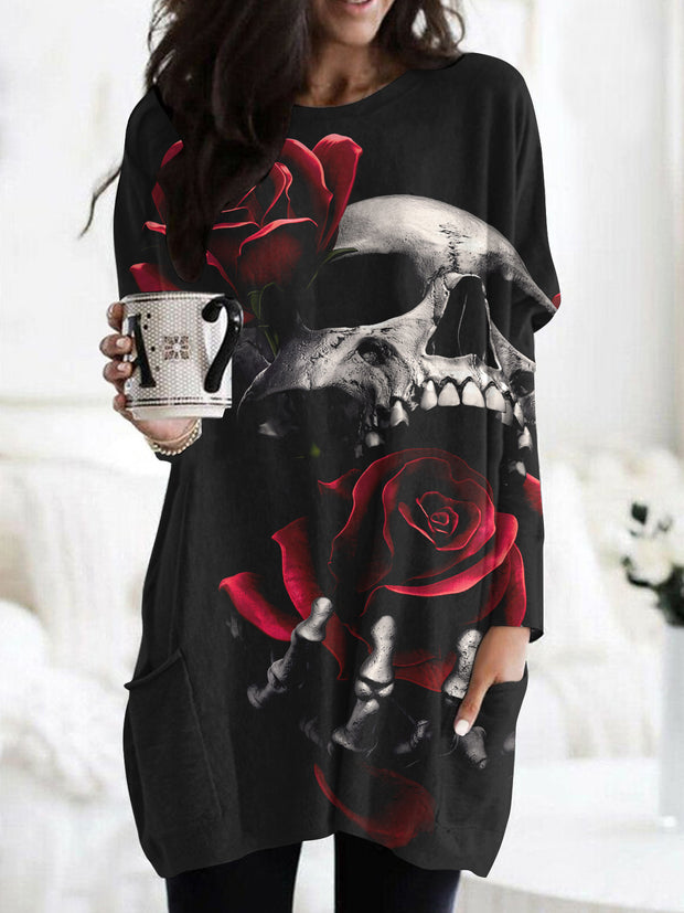 Rose And Skull Print Long Sleeve T-Shirt