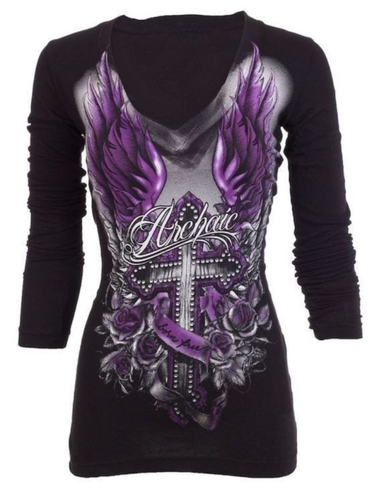 V-neck Long-sleeved Cross Rose Wings Print Retro Women's Punk T-shirt