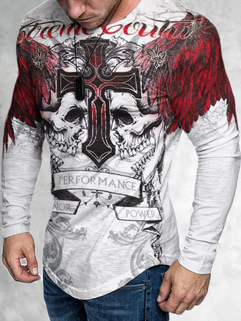 Men's cross wings skull print round neck men's T-shirt