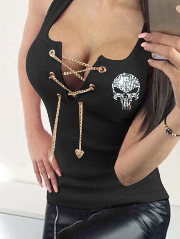 Women's Rhinestone Skull Corns Lace-up Sexy Vest Top