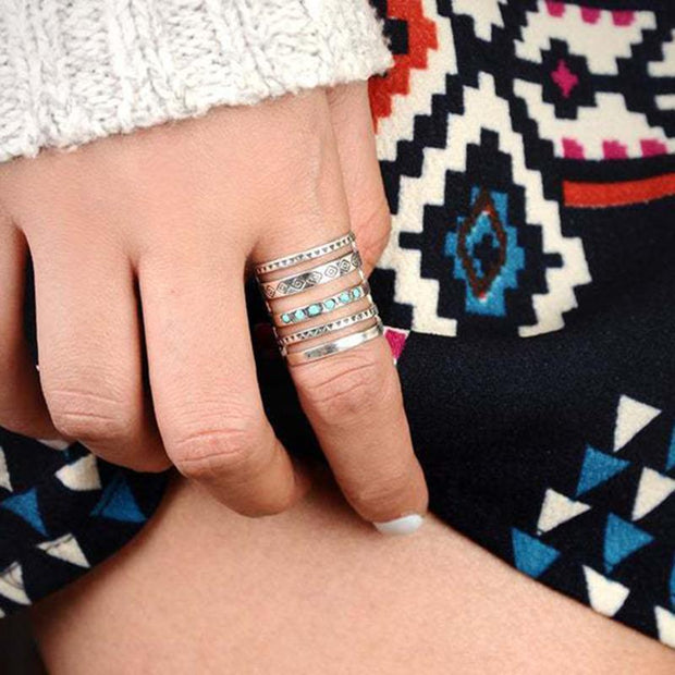 Bohemian Style Carved Ring Hollow 925 Silver Ring