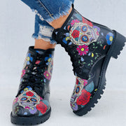 Skull Printed Lace-Up Ankle Boots