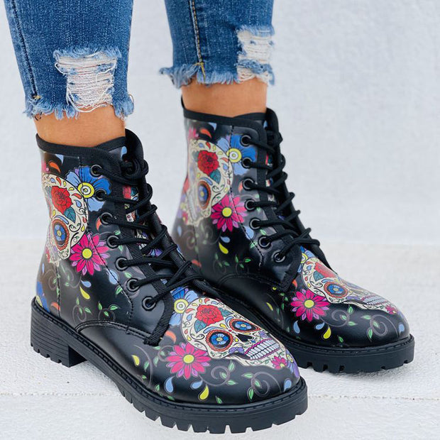 Skull Printed Lace-Up Ankle Boots