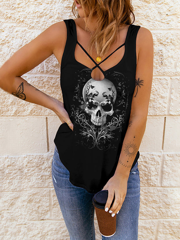 Women's Skull Print Cross Sexy Sling Vest