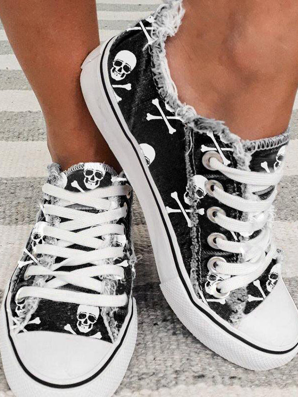 Skull Bone Printed Denim Canvas Shoes