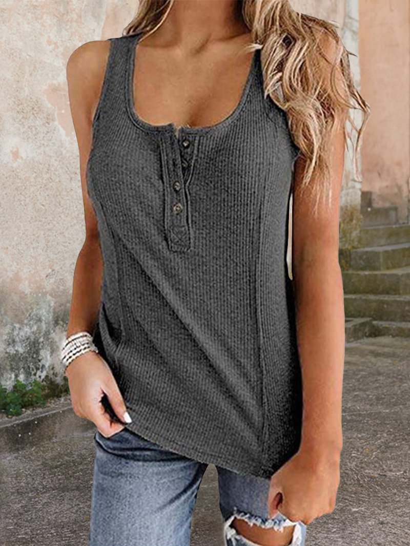 U-neck Sleeveless Solid Color Button Tank Top