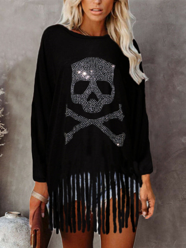 Hot Drill Skull Long Sleeve Fringe T-Shirt