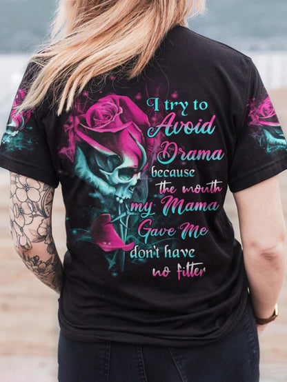 T-shirt imprimé à slogan personnalisé Skull Rose pour femmes 