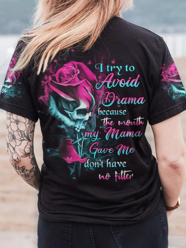 Damen T-Shirt mit Totenkopf- und Rosen-Print und personalisiertem Slogan 