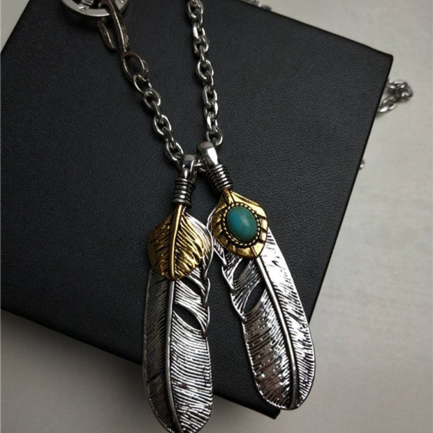 Collier pendentif turquoise plume vintage 