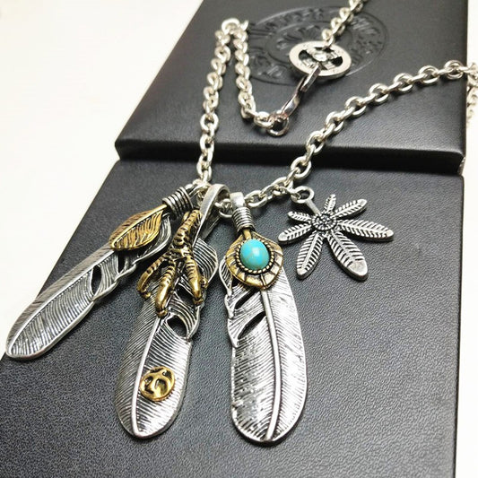 Vintage Feather Turquoise Pendant Necklace