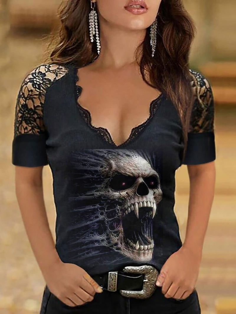 Sexy T-Shirt mit Totenkopf-Print und geschnürten Ärmeln 