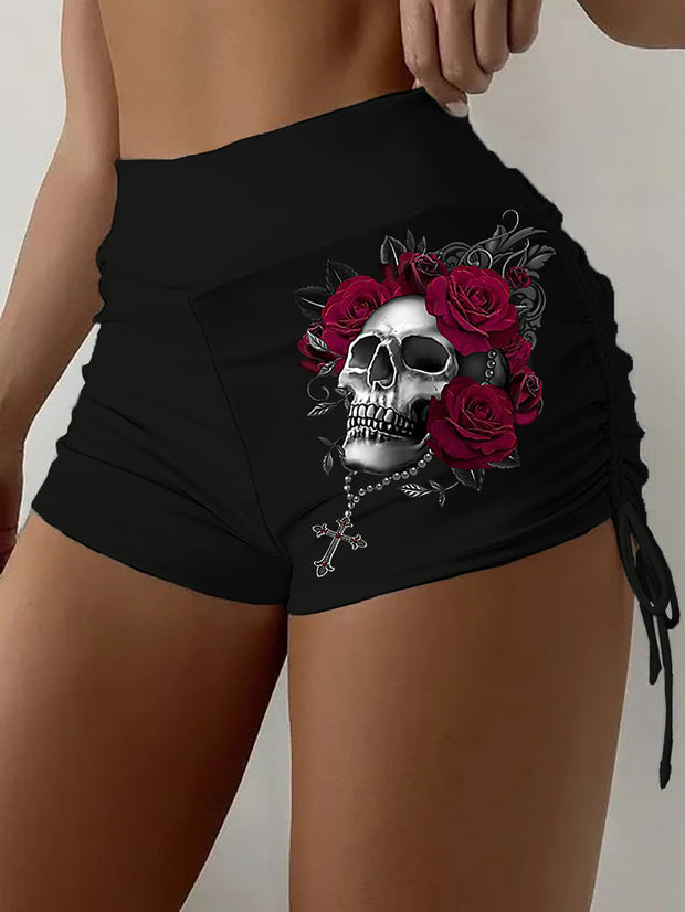 Skull Holding Roses Drawstring Side Yoga Shorts Pants