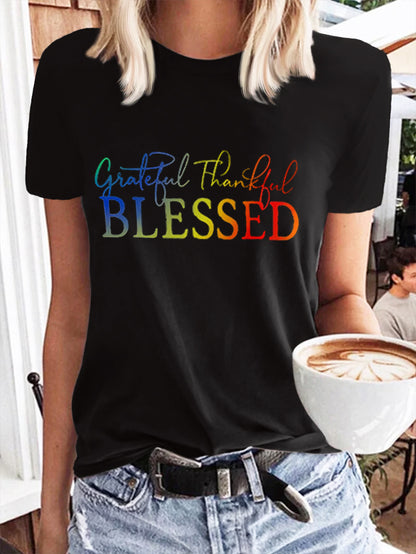 Lässiges Damen-T-Shirt mit Rundhalsausschnitt und Aufdruck „Blessed“ 