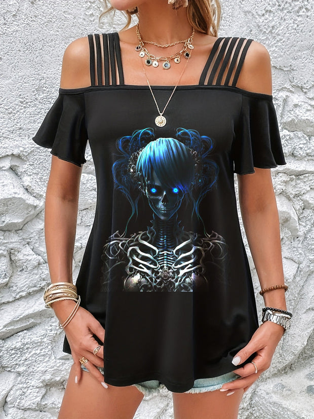 Sexy Gothic Skull Girl Print off-Shoulder Short Sleeve Suspenders Top