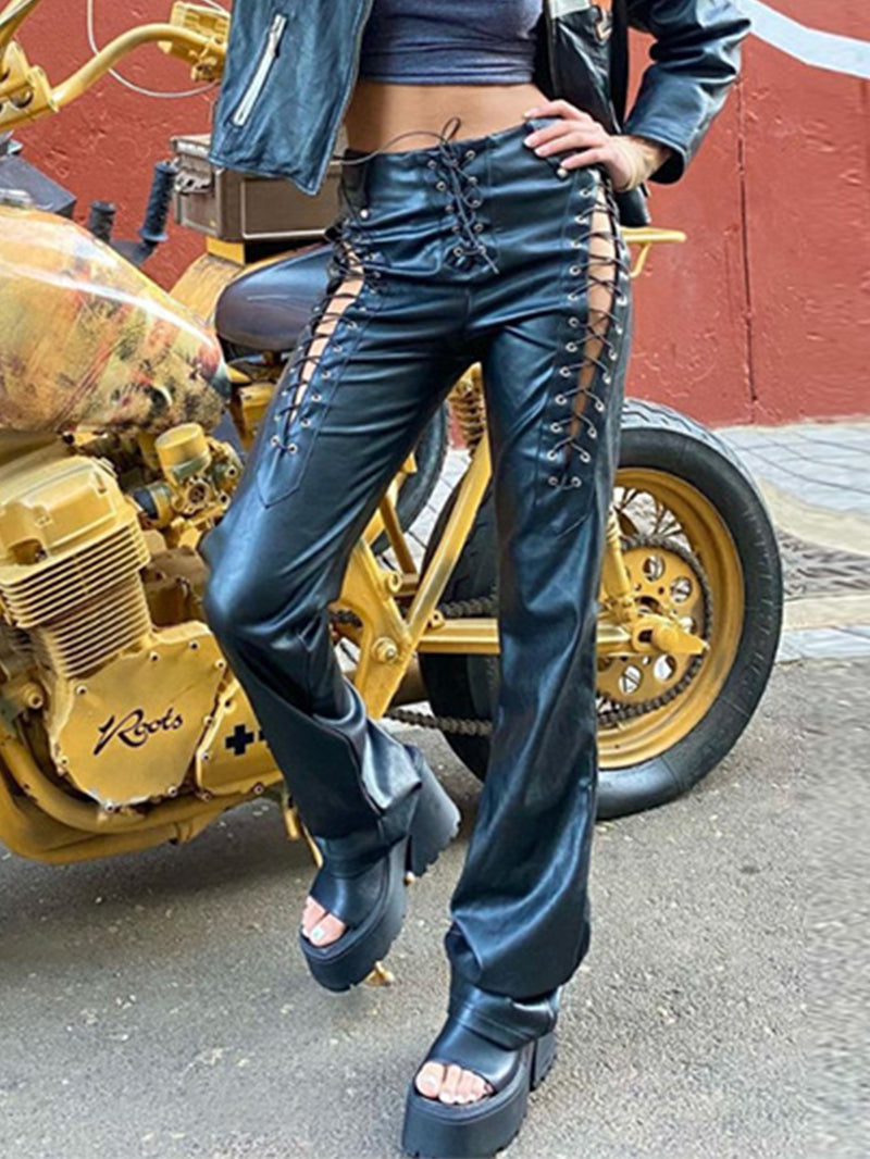 Hollowed Lace Up Leather Trousers