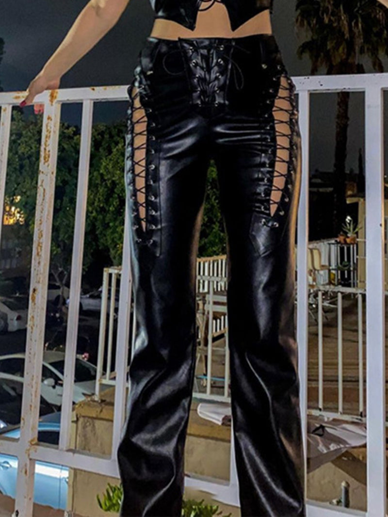 Hollowed Lace Up Leather Trousers