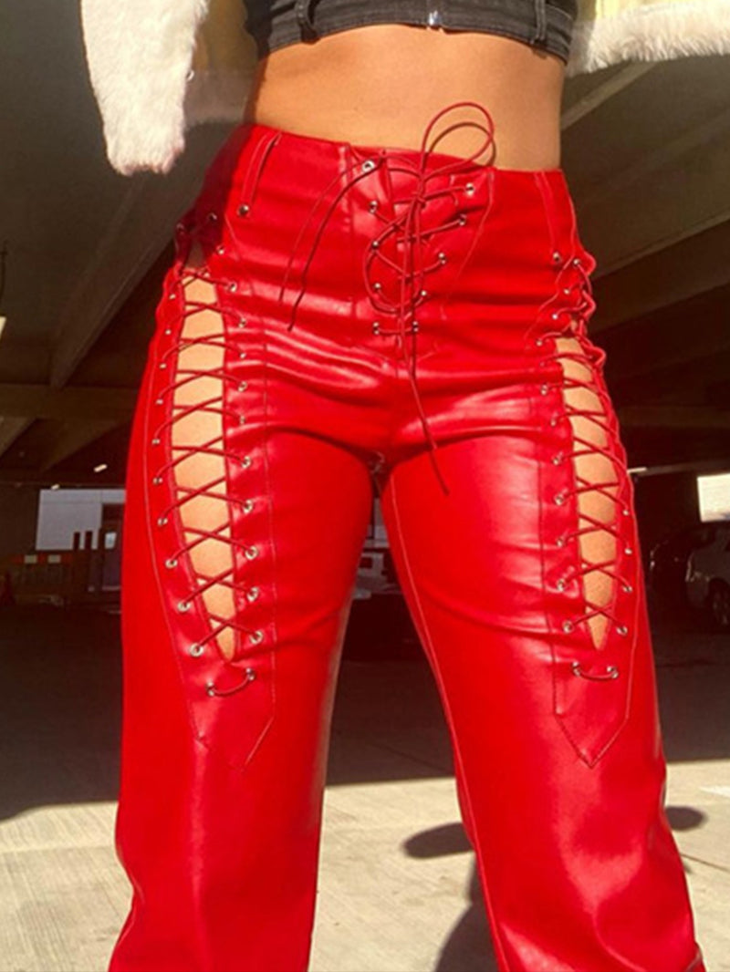 Hollowed Lace Up Leather Trousers