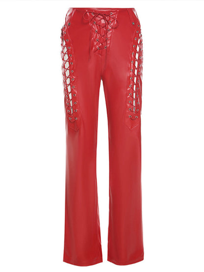 Hollowed Lace Up Leather Trousers