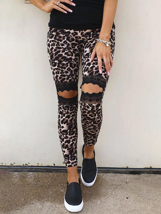 Sexy zerrissene Leggings mit Leoparden-Spitze 