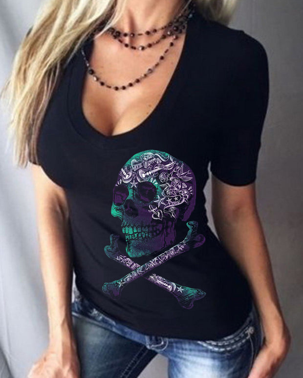 Skull V-Neck Short Sleeve T-Shirt